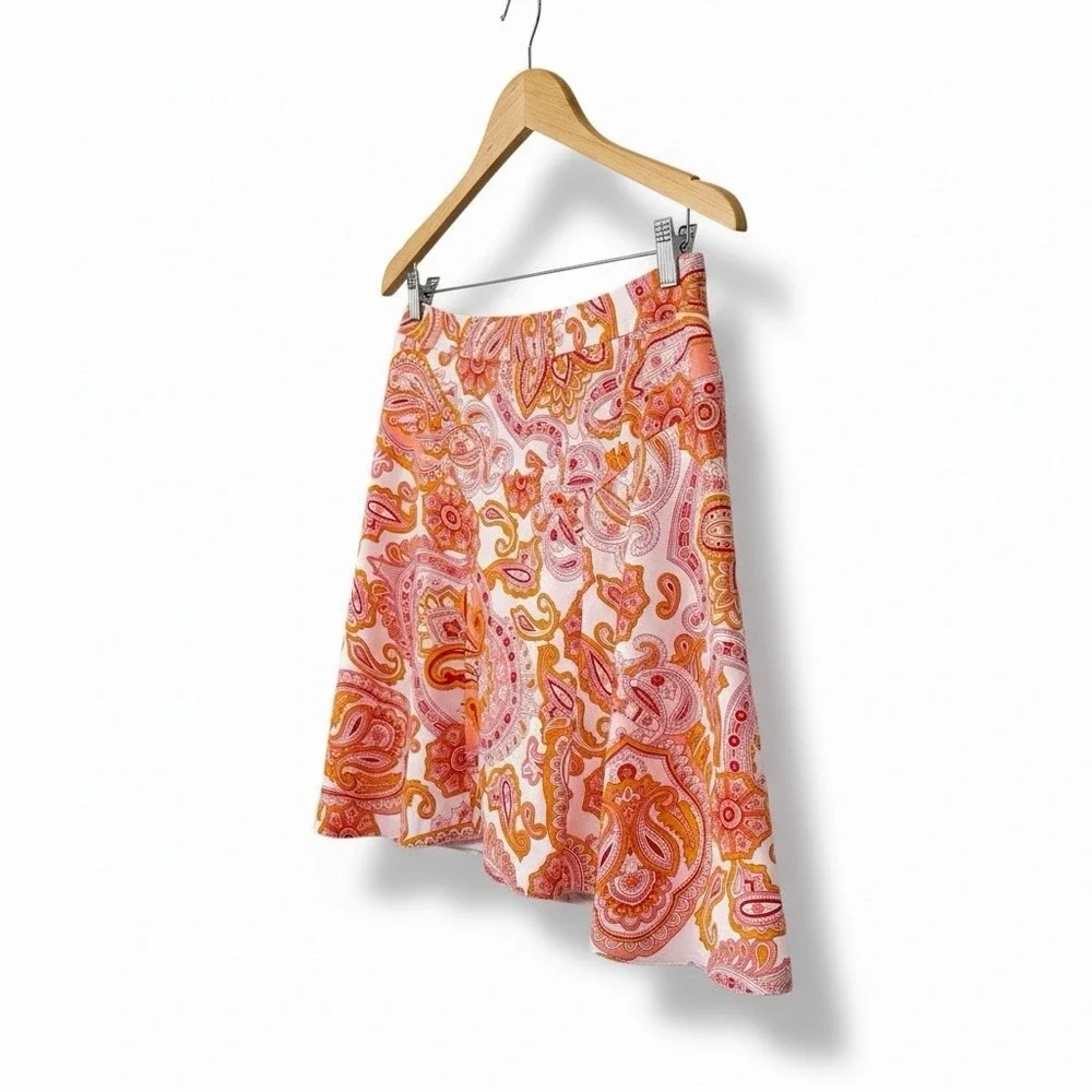 Banana Republic 100% Silk Paisley A-Line Mini‎ Skirt Pink Orange Lined Size 2